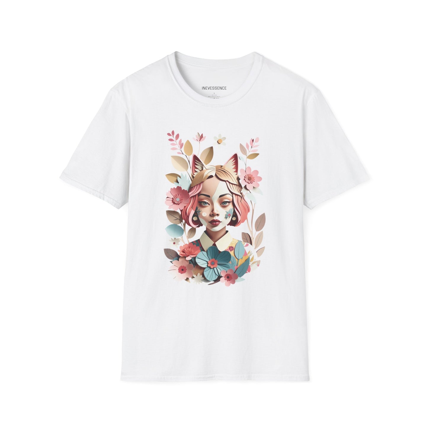 Cat Girl Flower Origami T-Shirt, Cute Kitten Tee, Floral Animal Shirt, Japanese Paper Art Top, Teen Gift