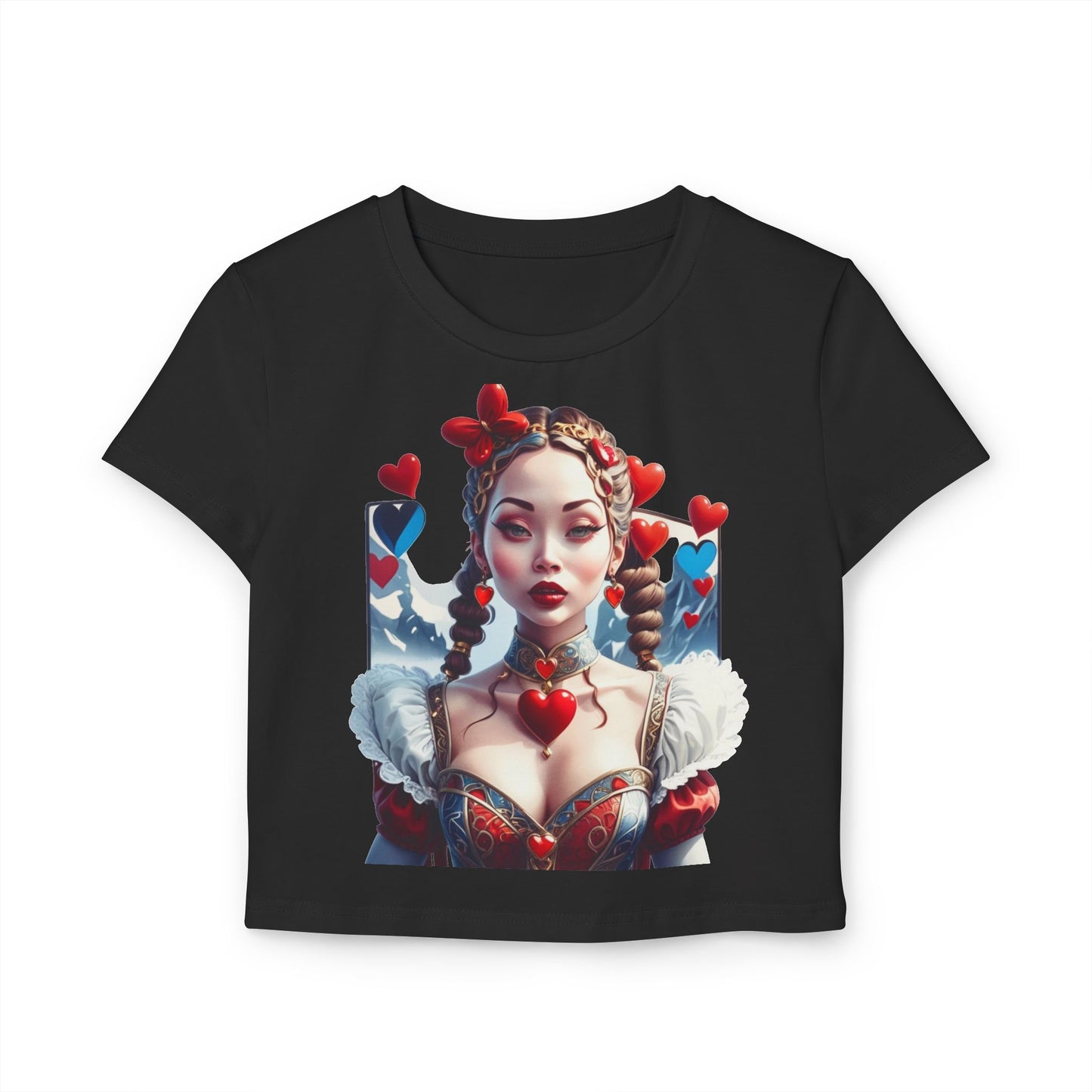 Women's Baby Tee - Queen of Hearts, Graphic Tee, Heart Design Shirt, Stylish T-shirt, Cute Top for Her