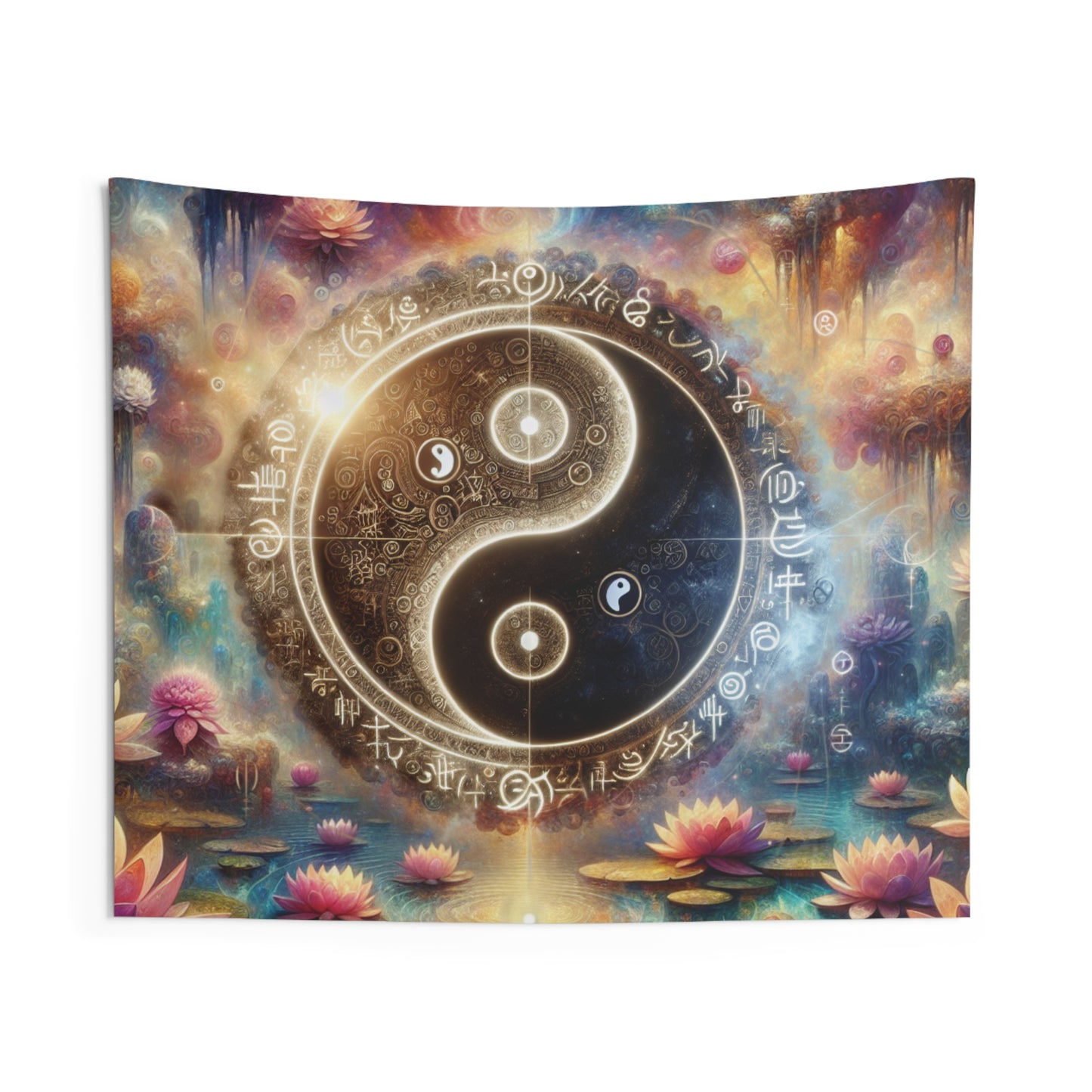 Yin Yang Lotus Pond Meditation Wall Tapestry, Zen Yoga Room Decor, Boho Hippie Wall Hanging, Spiritual Art, Mandala Wall Art, Nature