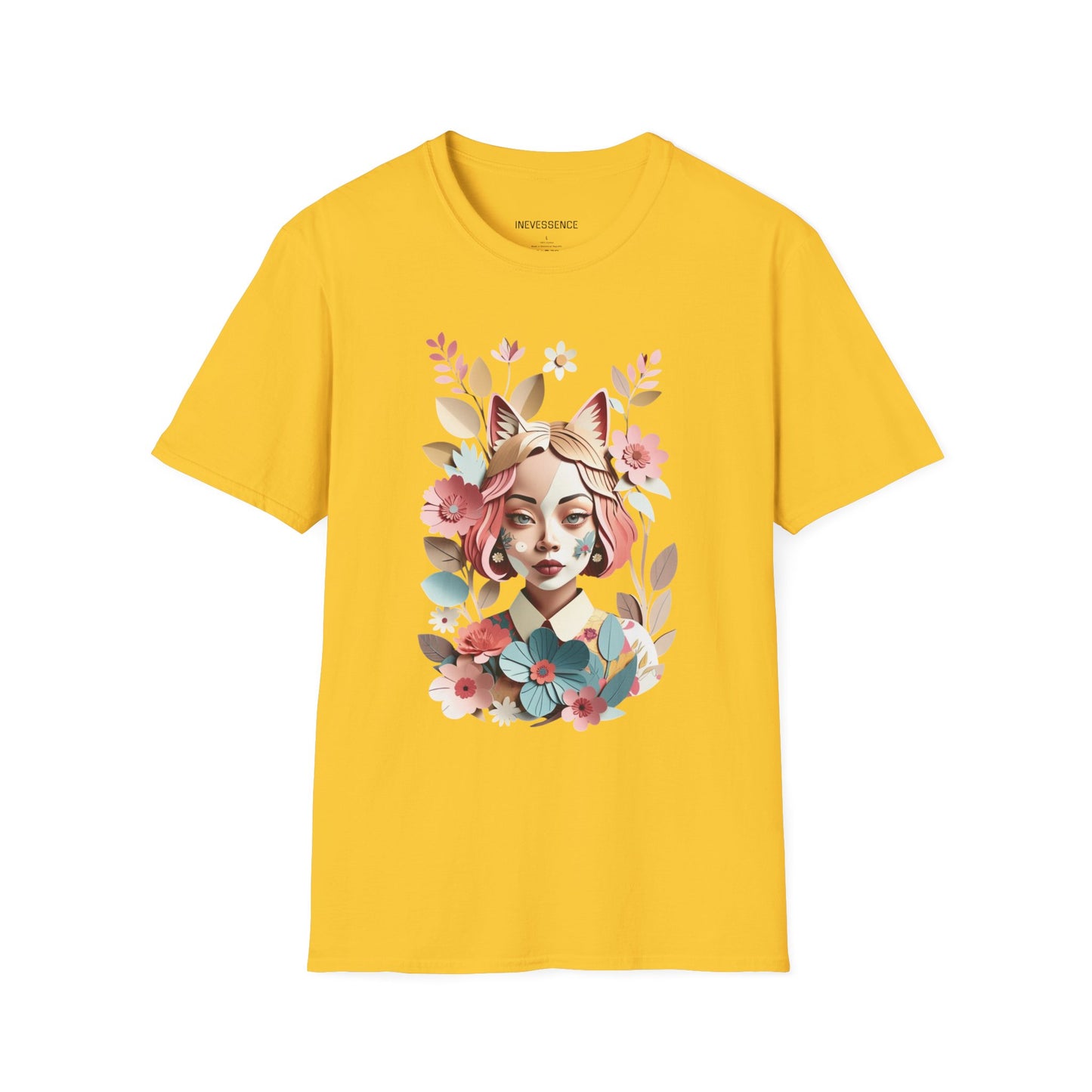 Cat Girl Flower Origami T-Shirt, Cute Kitten Tee, Floral Animal Shirt, Japanese Paper Art Top, Teen Gift