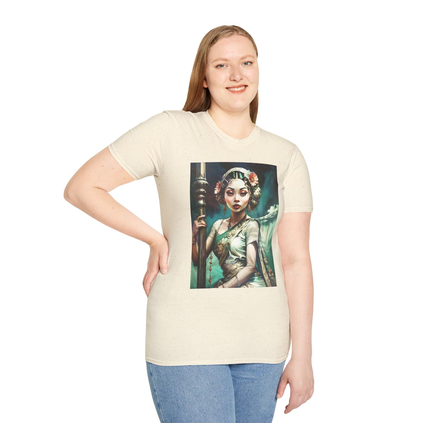 Apsara Civilian Holding a Staff Unisex T-Shirt, Hindu Mythology Tee, Ethnic Graphic Shirt, Mythological Art Top, Spiritual Gift