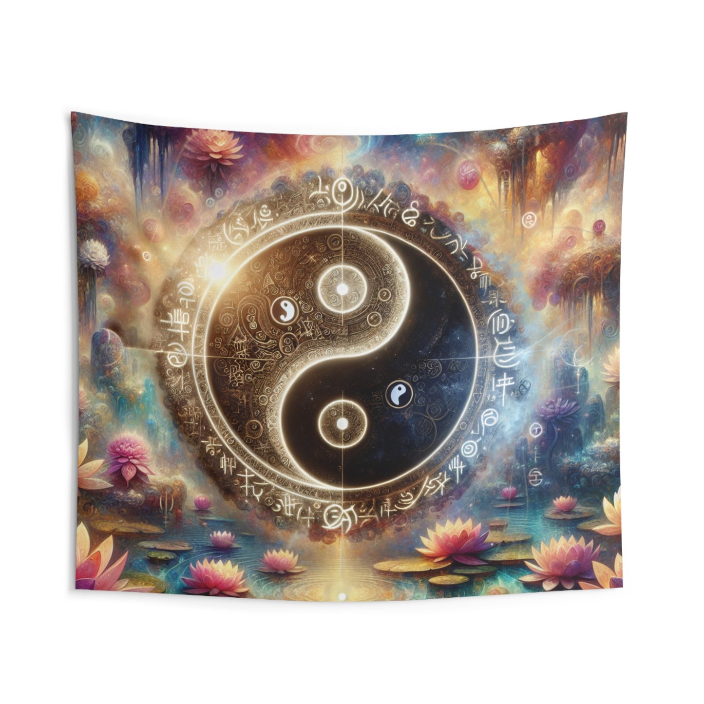 Yin Yang Lotus Pond Meditation Wall Tapestry, Zen Yoga Room Decor, Boho Hippie Wall Hanging, Spiritual Art, Mandala Wall Art, Nature